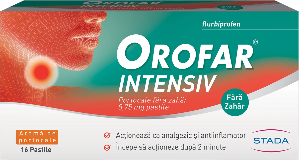 Orofar Intensiv Portocale fără zahăr 8,75 mg, cutie cu 16 pastile